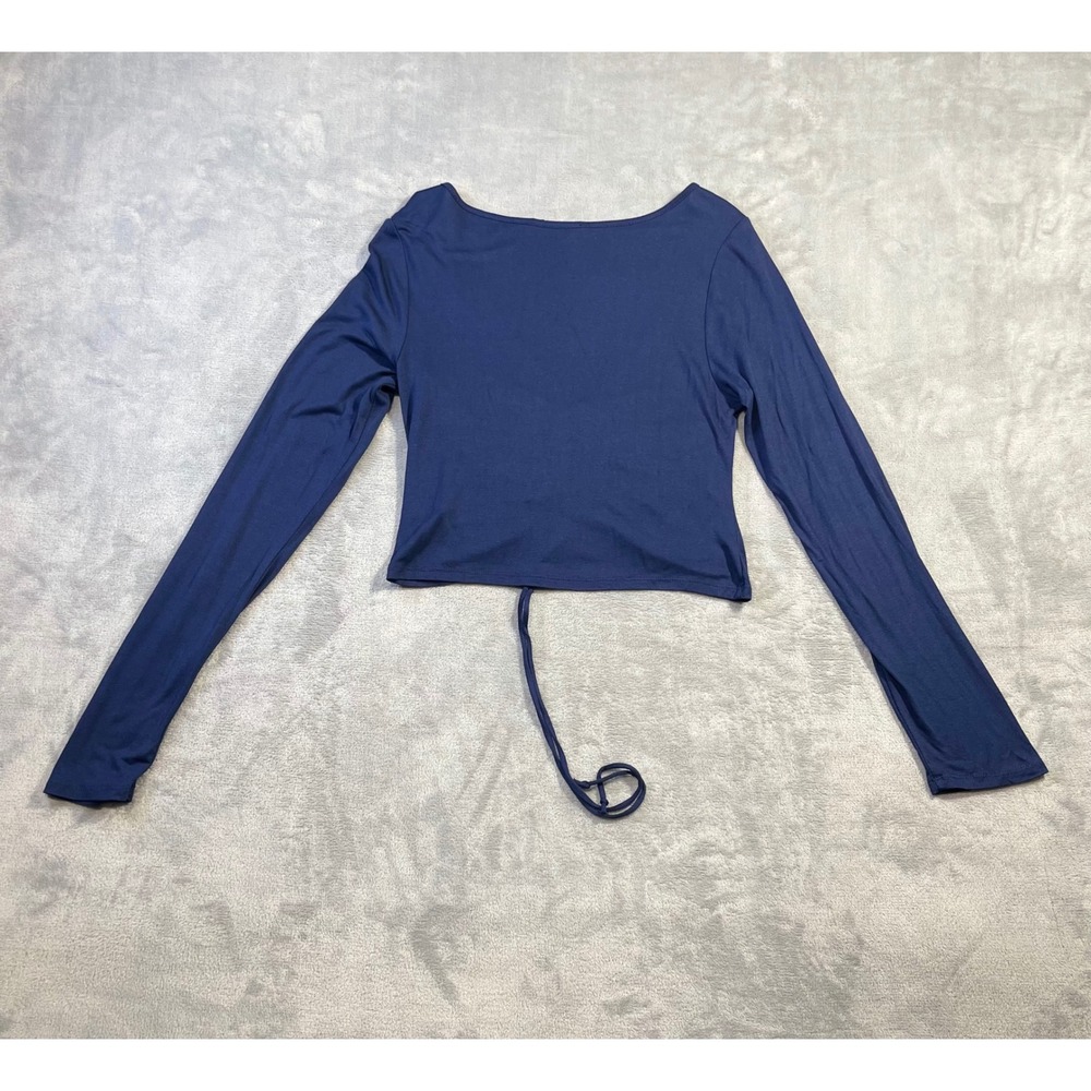 Ambiance Crop Top Womens XL Navy Blue Excellent Ruched V-Neck Long Sleeve - Picture 7 of 8